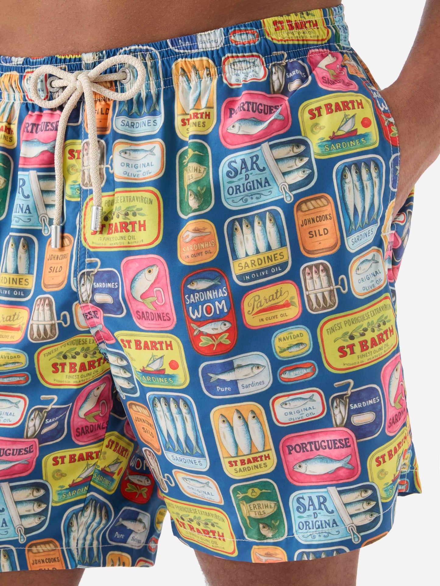 Costume mare Lighting blu con stampa lattine di sardine all-over