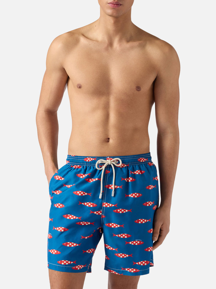 Blue Lighting swim shorts with all-over sardines print