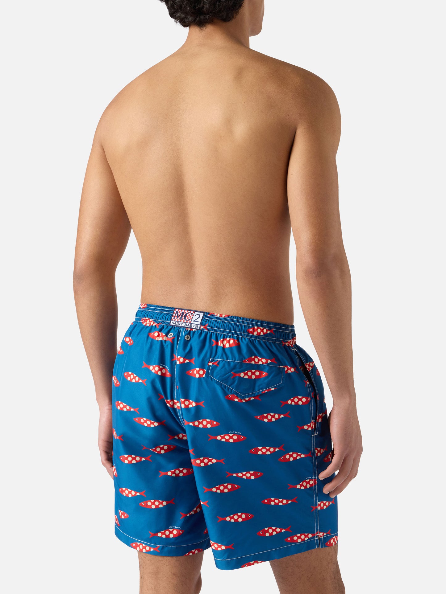 Blue Lighting swim shorts with all-over sardines print