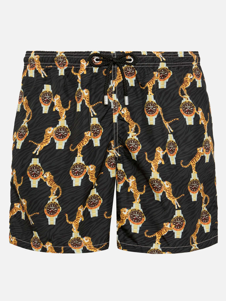 Badeshorts aus leichtem Stoff Lighting mit Uhren- und Tiger-Print