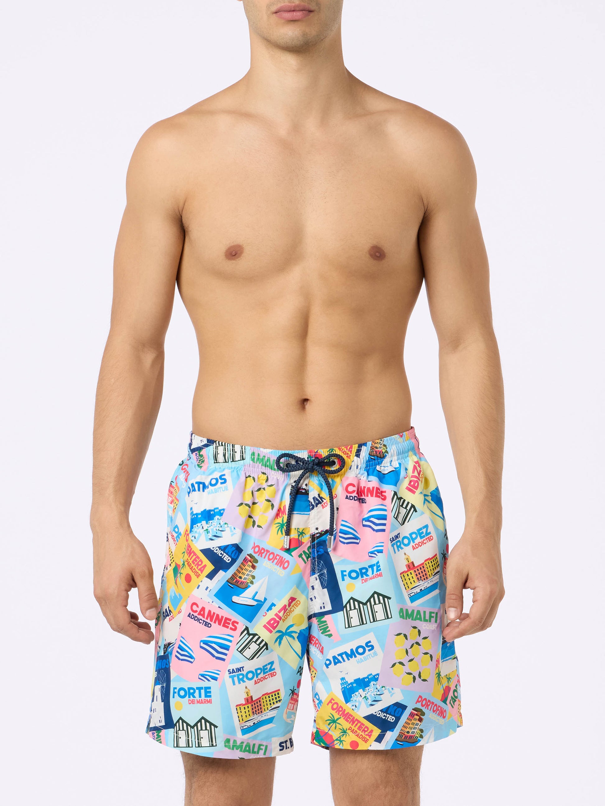 Man lightweight fabric swim-shorts Lighting with postcard print - MC2 Saint Barth