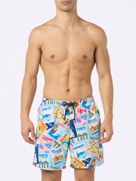Man lightweight fabric swim-shorts Lighting with postcard print - MC2 Saint Barth