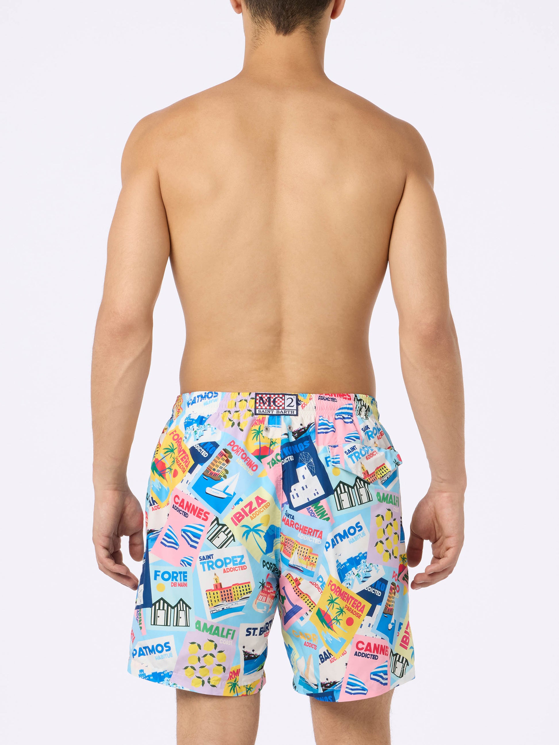 Man lightweight fabric swim-shorts Lighting with postcard print - MC2 Saint Barth