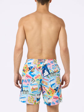 Man lightweight fabric swim-shorts Lighting with postcard print - MC2 Saint Barth