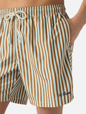 Brown striped Lighting swim shorts with St. Barth embroidery