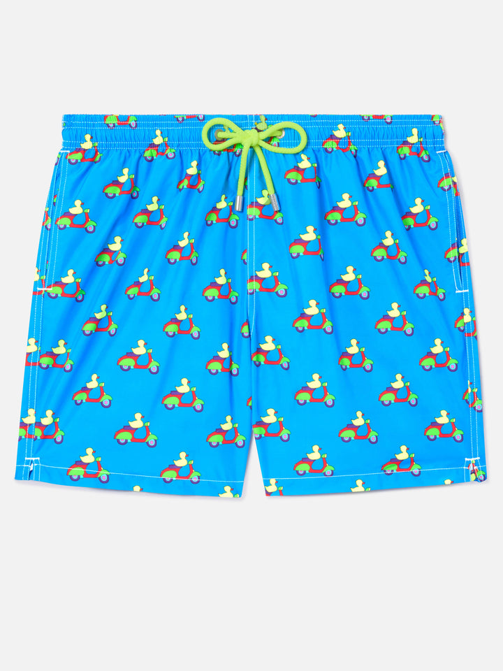 Blue swim shorts with ducks on scooters print | Special Edition