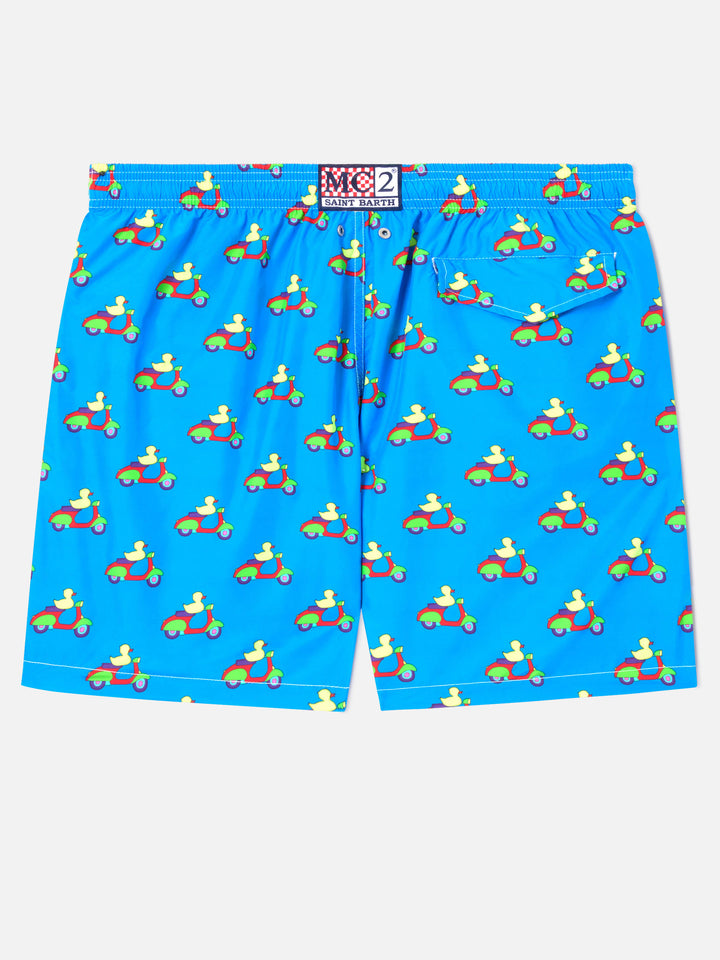 Blue swim shorts with ducks on scooters print | Special Edition