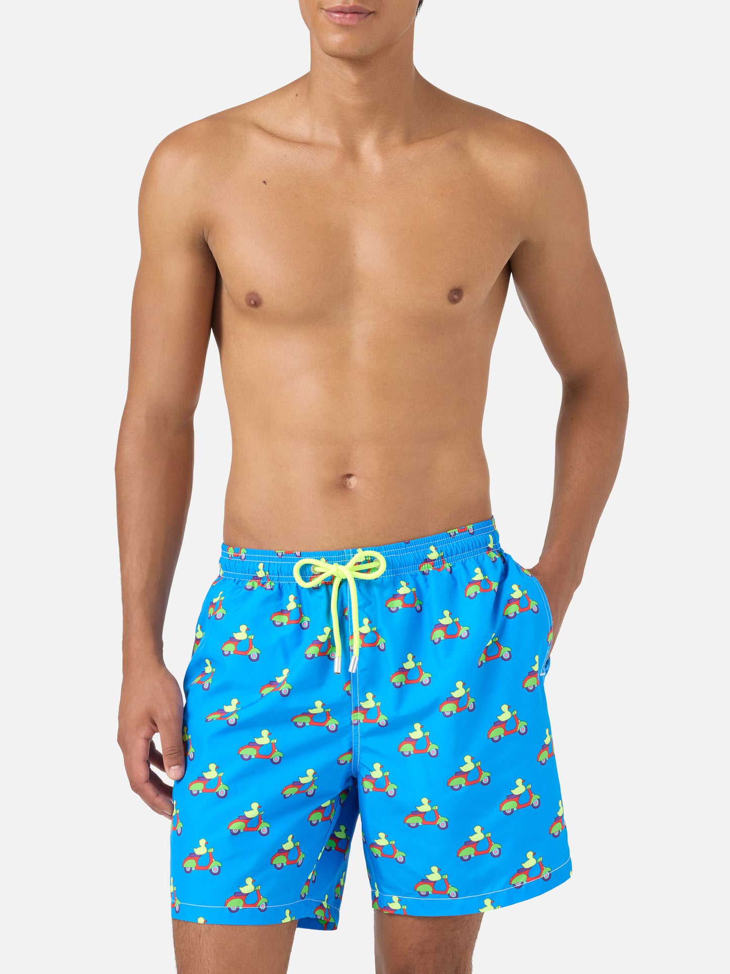 Short de bain bleu avec imprimé canards sur scooters | Special Edition 