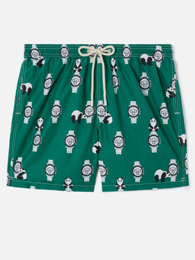 Bañador Green Lighting con estampado integral de pandas y relojes 