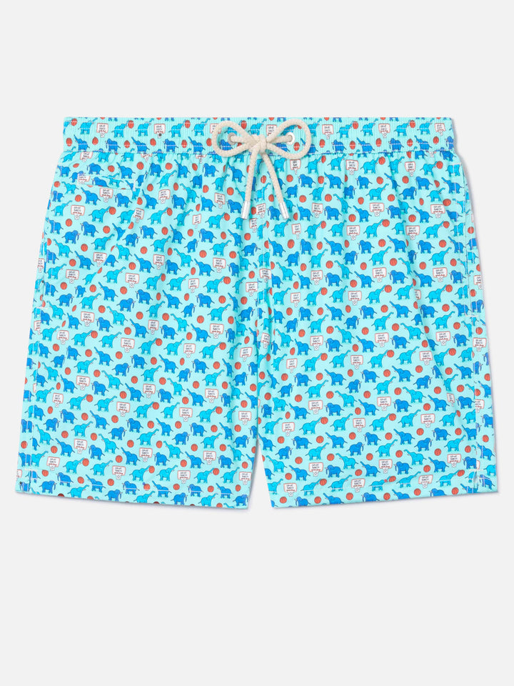 Lighting Micro Fantasy swim shorts in technical fabric with elephant pattern in blue and multicolor