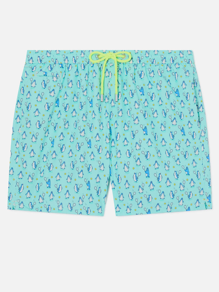 Lighting Micro Fantasy swim shorts in technical fabric with penguin pattern in blue and multicolor