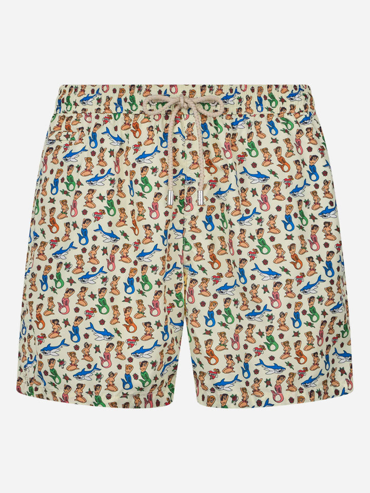 Man lightweight fabric swim-shorts Lighting Micro Fantasy with mermaid print - MC2 Saint Barth