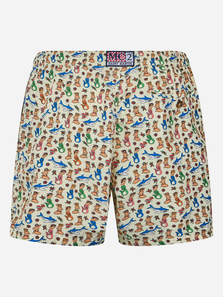 Man lightweight fabric swim-shorts Lighting Micro Fantasy with mermaid print - MC2 Saint Barth