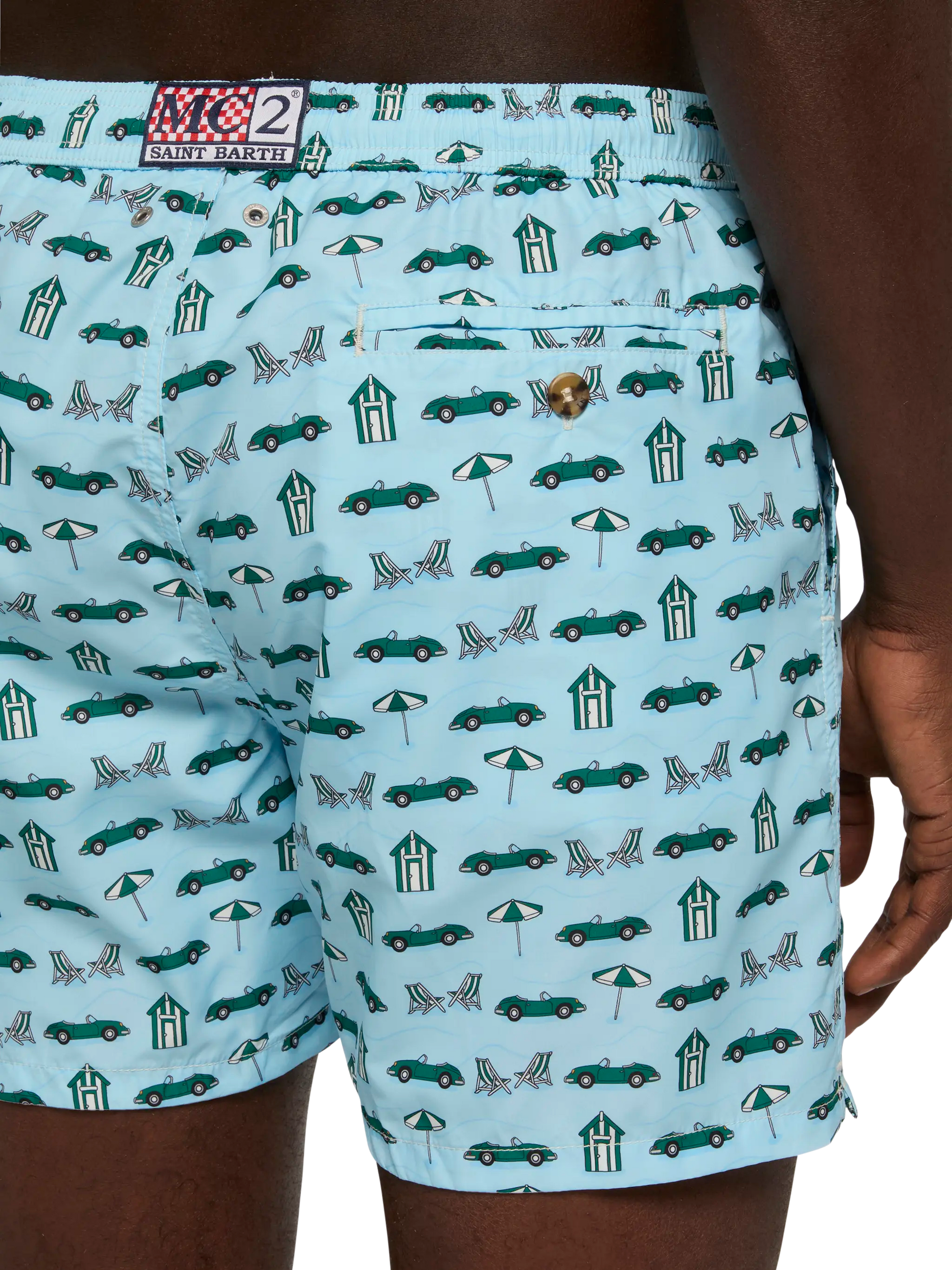 Lightweight fabric swim shorts Lighting with cars and beach cabana print - MC2 Saint Barth