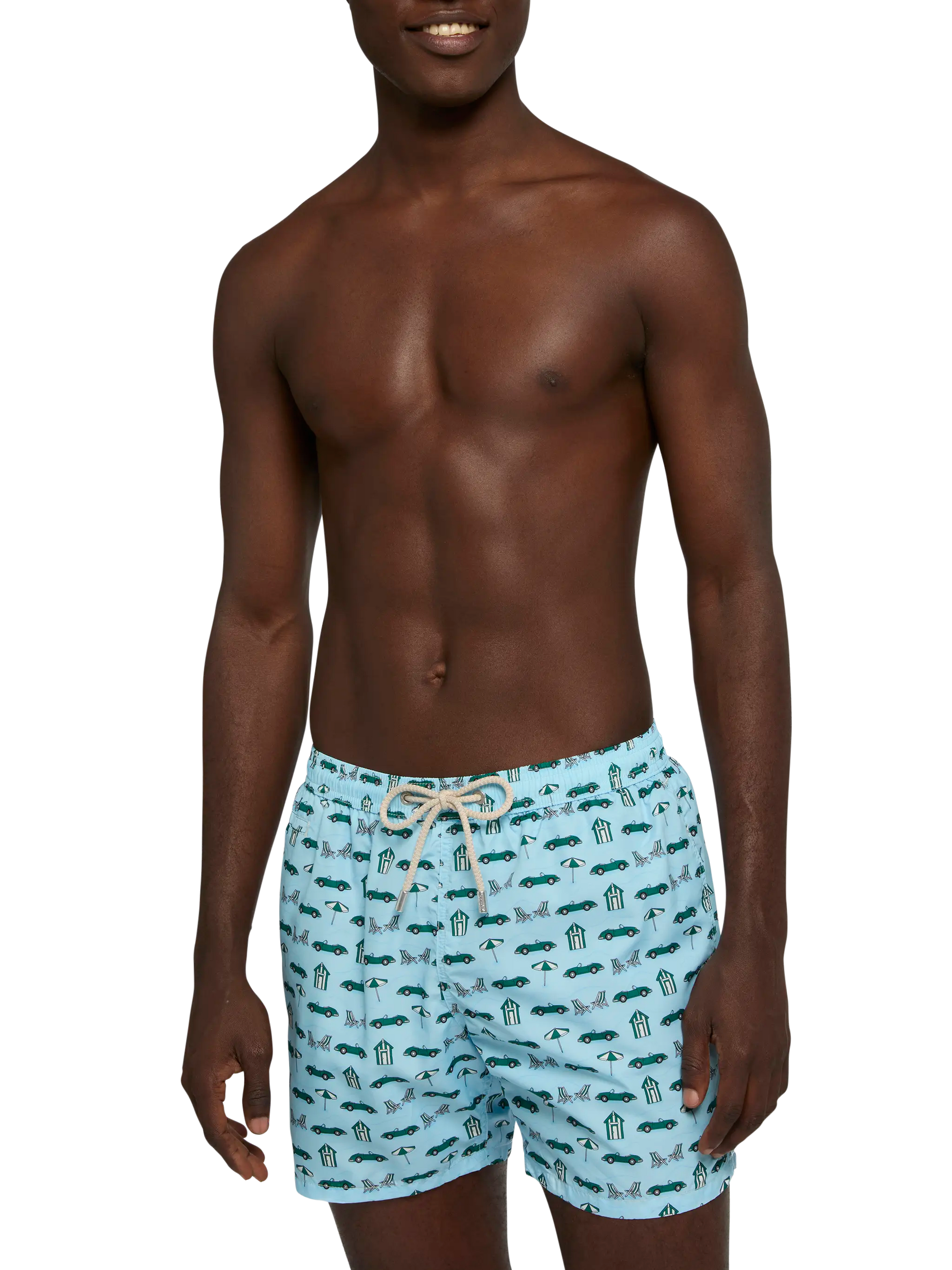 Lightweight fabric swim shorts Lighting with cars and beach cabana print - MC2 Saint Barth