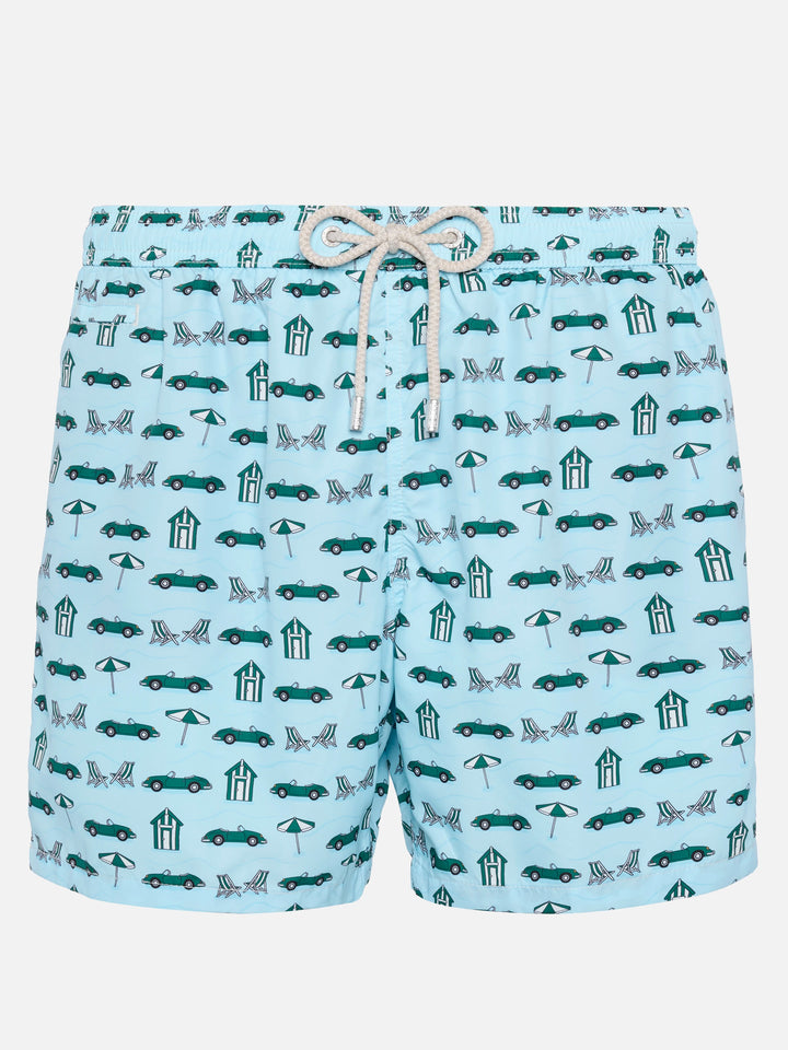 Badeshorts aus leichtem Stoff „Lighting“ mit Autos- und Strand-Cabana-Print