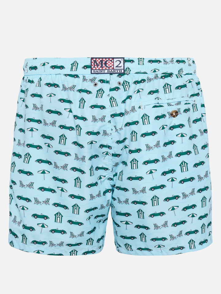 Badeshorts aus leichtem Stoff „Lighting“ mit Autos- und Strand-Cabana-Print