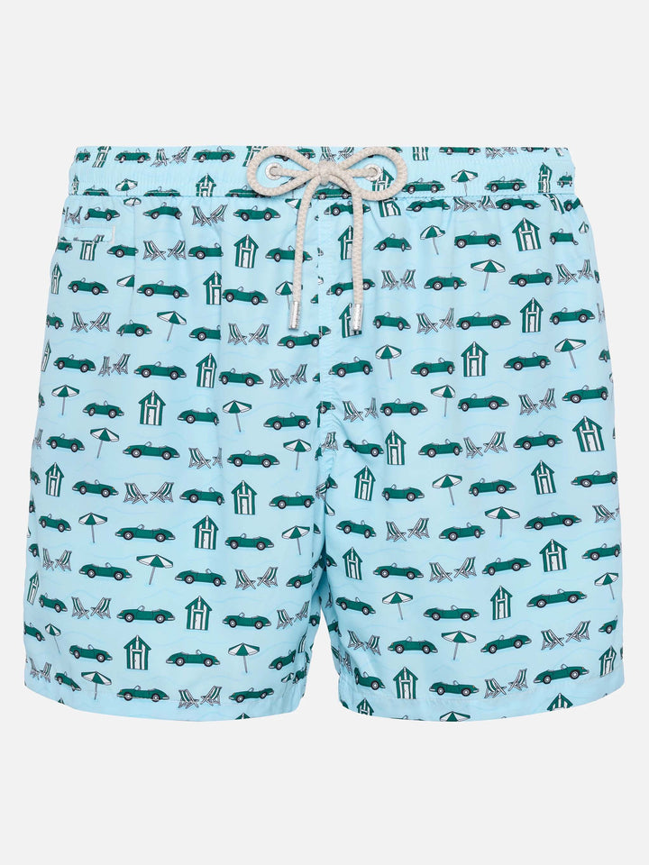 Lightweight fabric swim shorts Lighting with cars and beach cabana print