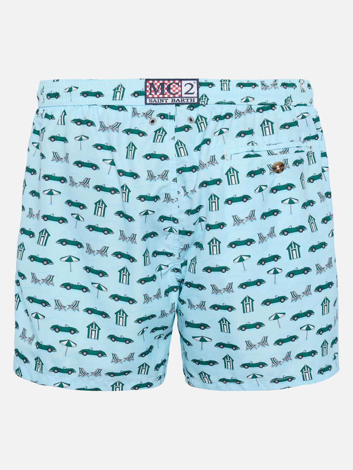 Lightweight fabric swim shorts Lighting with cars and beach cabana print