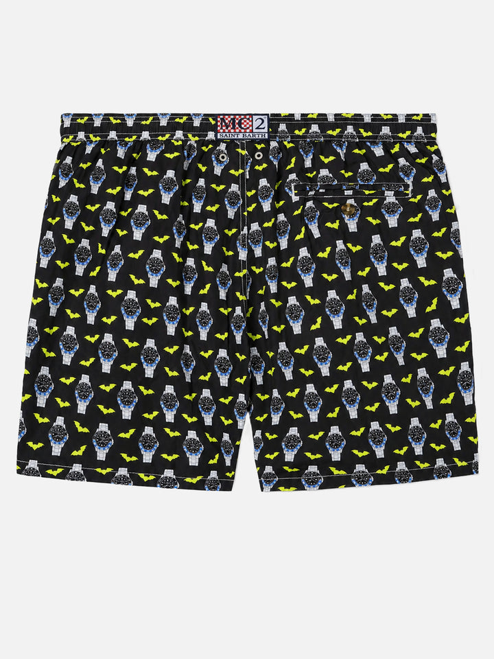 Lightweight fabric swim shorts Lighting with watch print