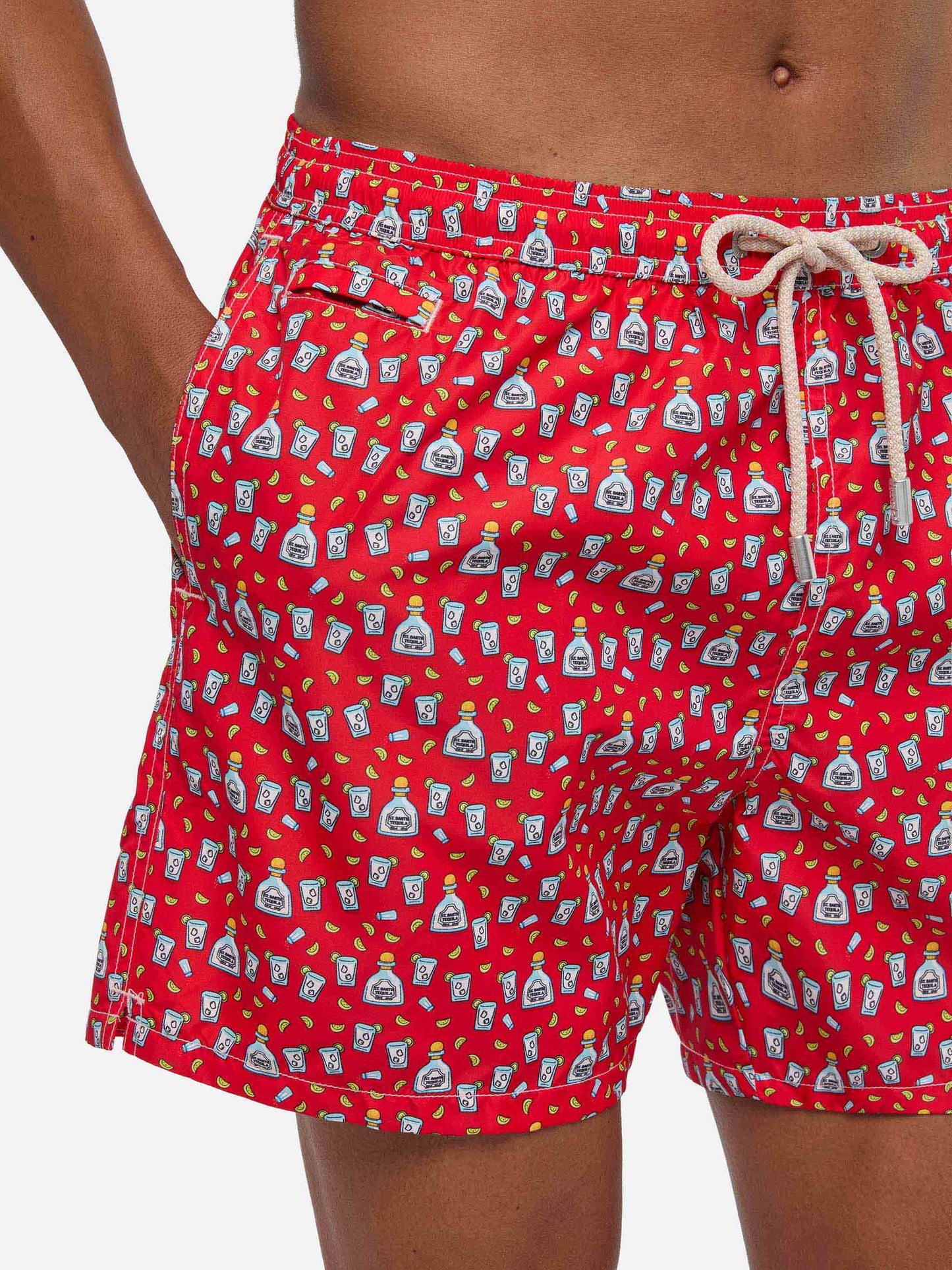 Man light fabric swim shorts with Tequila print