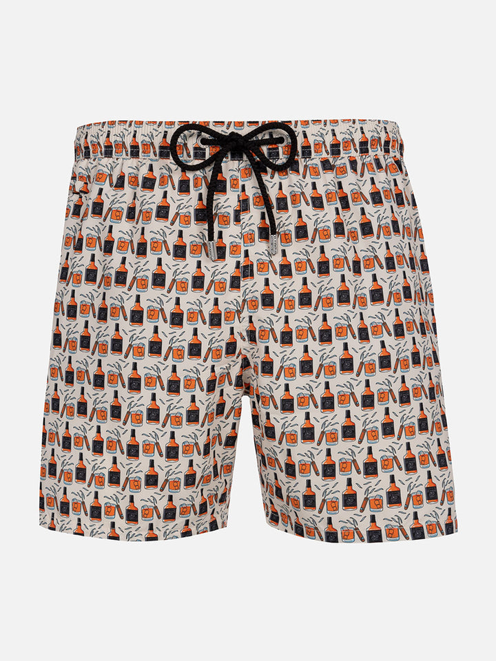 Man lightweight fabric swim-shorts Lighting Micro Fantasy with whisky and cigars print - MC2 Saint Barth