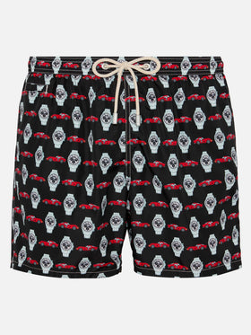 Lightweight fabric swim shorts Lighting with watch print