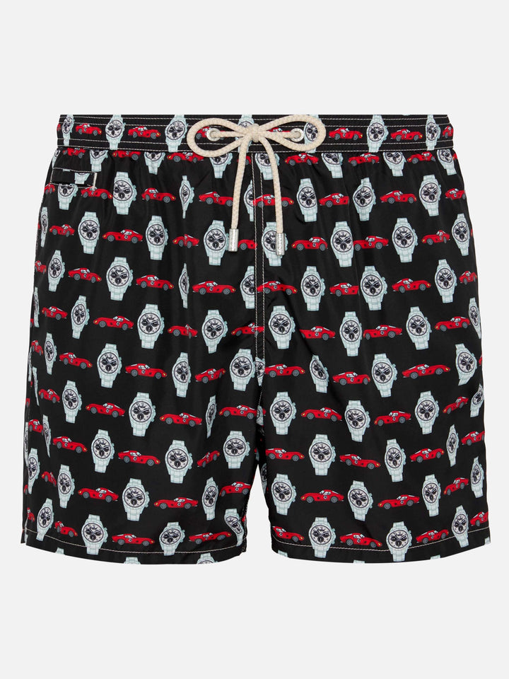 Lightweight fabric swim shorts Lighting with watch print