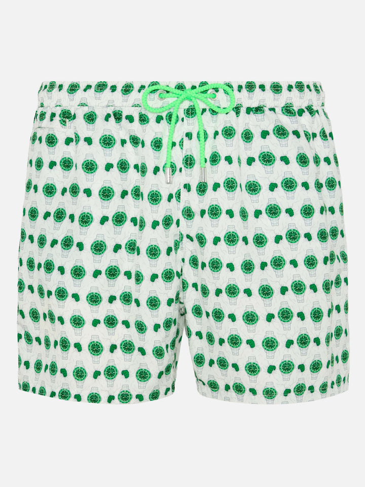Lightweight fabric swim shorts Lighting with watch print