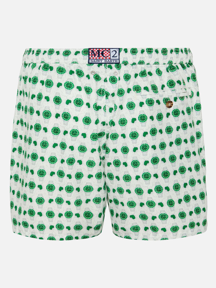 Lightweight fabric swim shorts Lighting with watch print