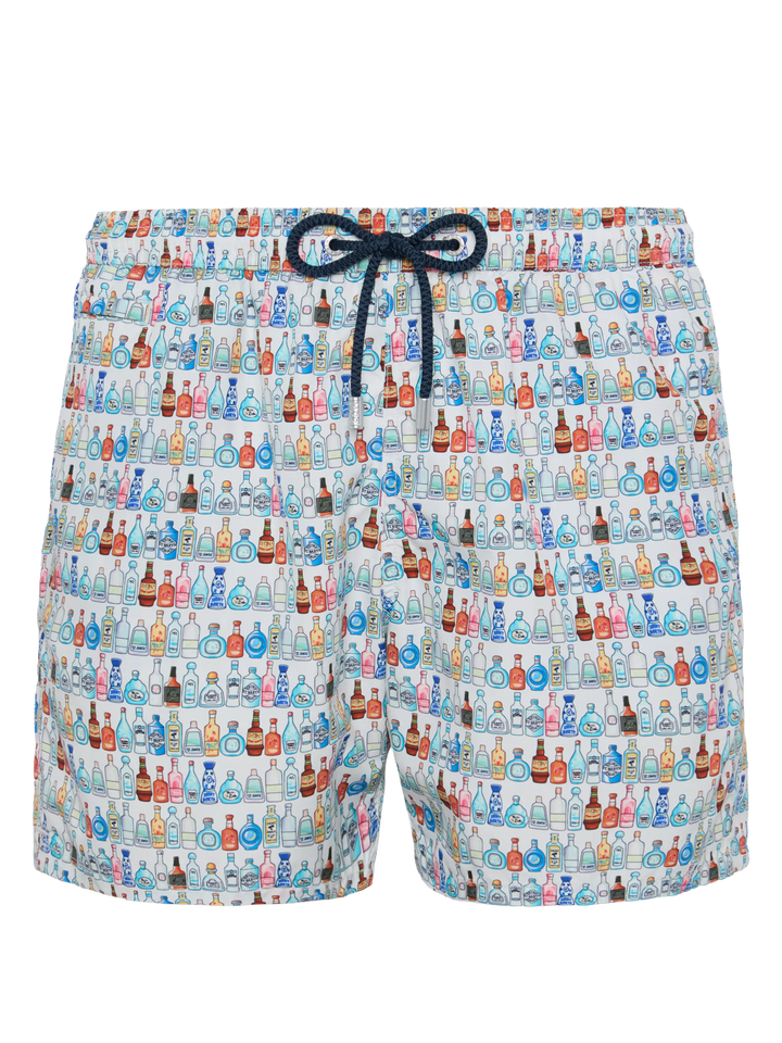 Lightweight fabric swim shorts Lighting with bottles print