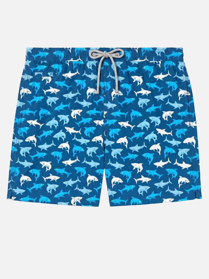 Herren-Badeshorts aus leichtem Stoff mit mehrfarbigem Hai-Aufdruck