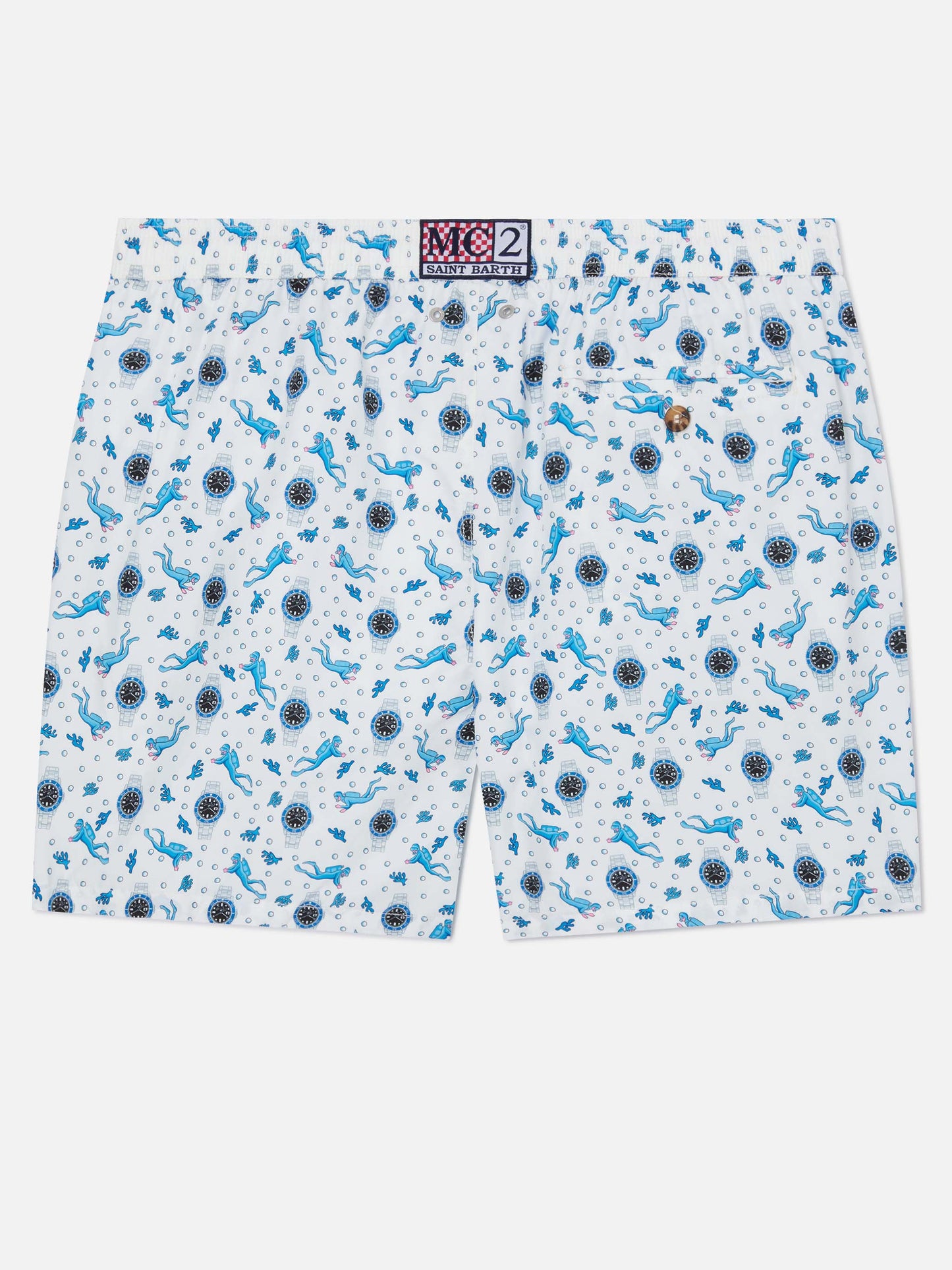 White Lighting Micro swim shorts with scuba watches and divers all-over print