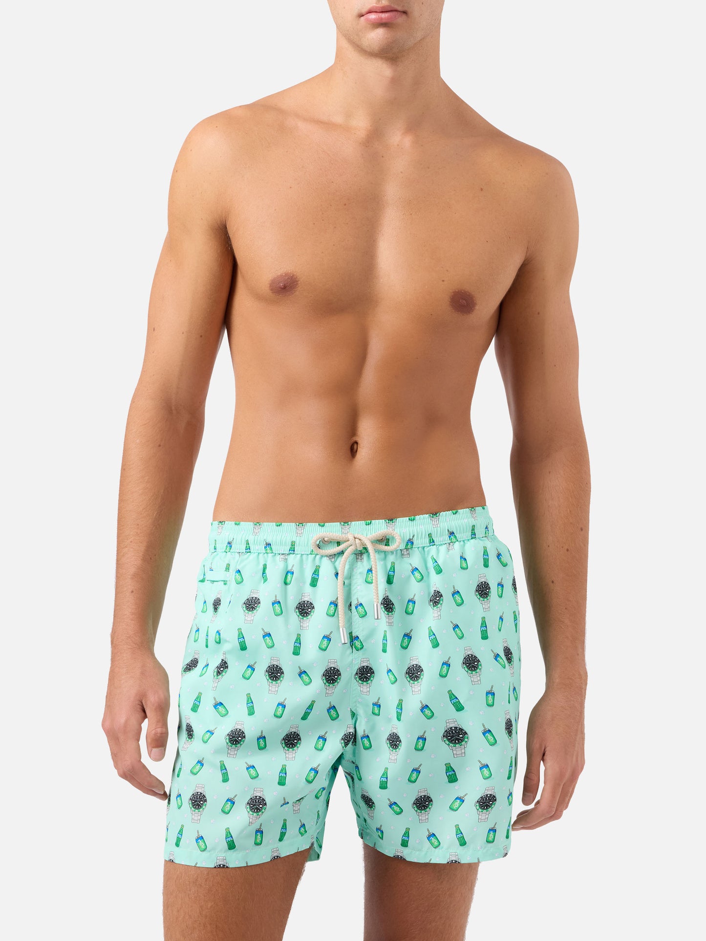 Mintgrüne Lighting Micro-Badeshorts mit Uhrenprint links 