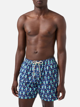 Navy Lighting Micro swim shorts with breakfast watch print