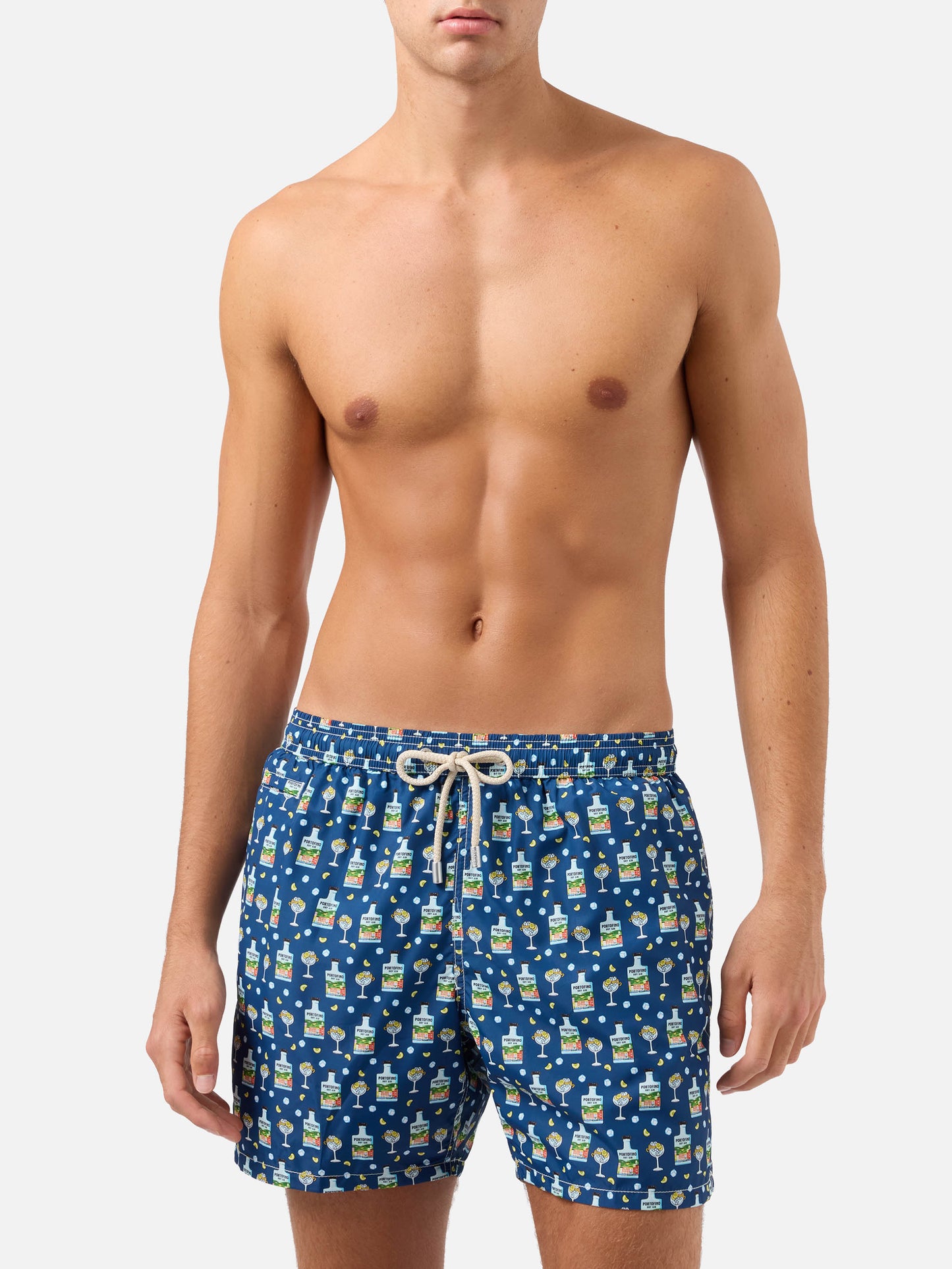 Marineblaue Micro-Badeshorts Lighting mit Portofino Gin-Print | Special Edition 