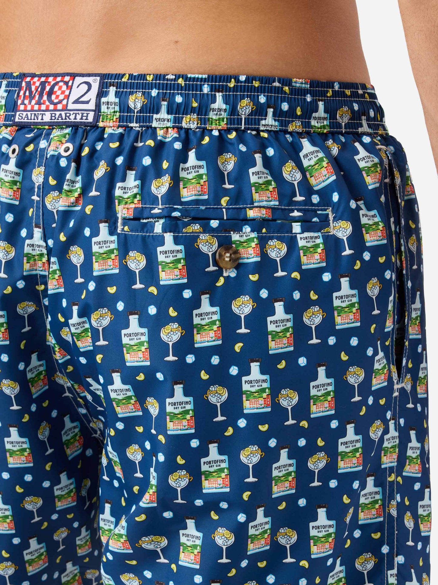 Marineblaue Micro-Badeshorts Lighting mit Portofino Gin-Print | Special Edition 
