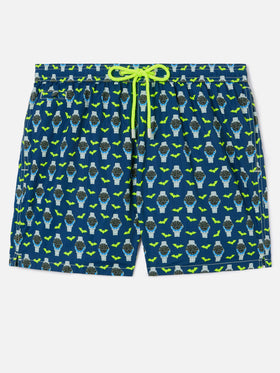 Navy blue Lighting Micro swim shorts with watch bat o'clock print