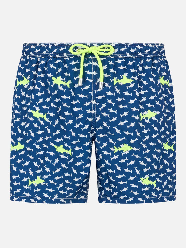 Man lightweight fabric swim-shorts Lighting with sharks embroidery