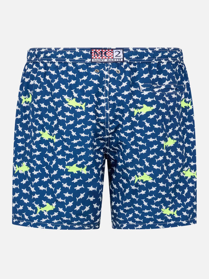 Man lightweight fabric swim-shorts Lighting with sharks embroidery