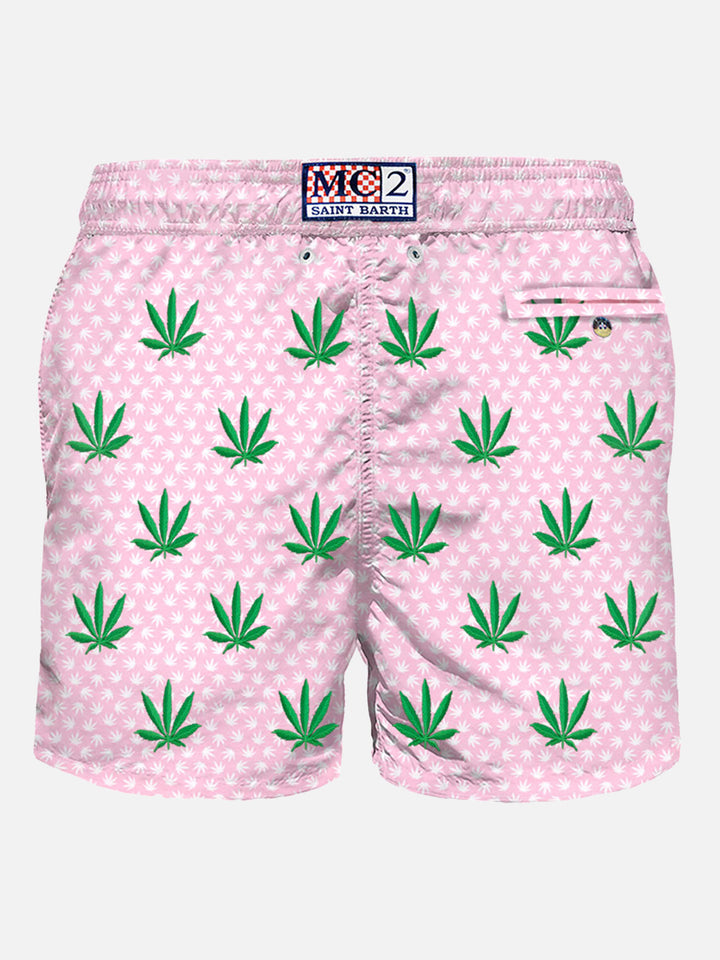 Herren-Badeshorts aus leichtem Stoff mit aufgestickten Blättern