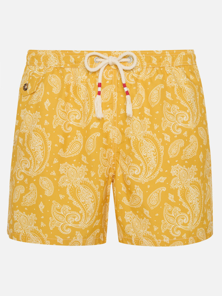 Herren-Badeshorts aus leichtem Stoff mit ockerfarbenem Paisley-Print