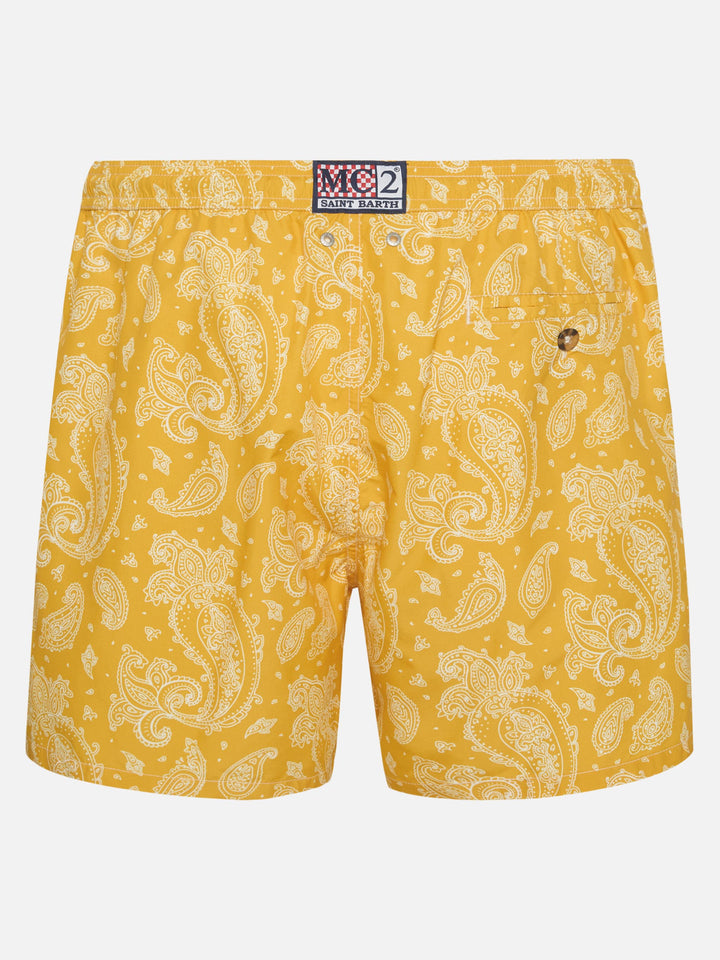 Herren-Badeshorts aus leichtem Stoff mit ockerfarbenem Paisley-Print