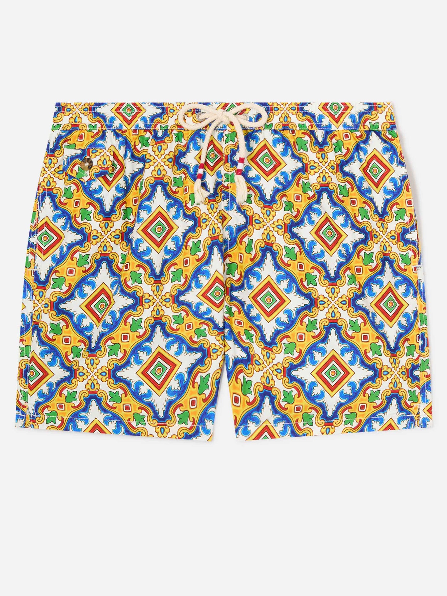 Short de bain en tissu technique blanc Lighting à imprimé majolique multicolore 
