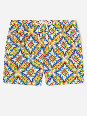 Short de bain en tissu technique blanc Lighting à imprimé majolique multicolore 