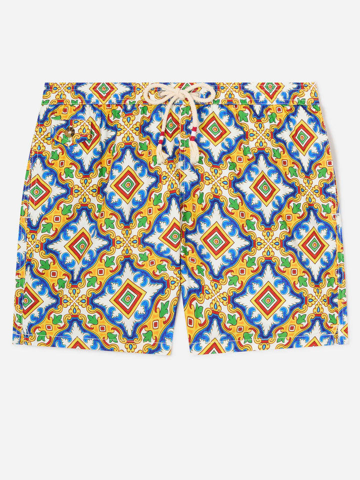 Lighting white multicolor majolica print technical fabric swim shorts