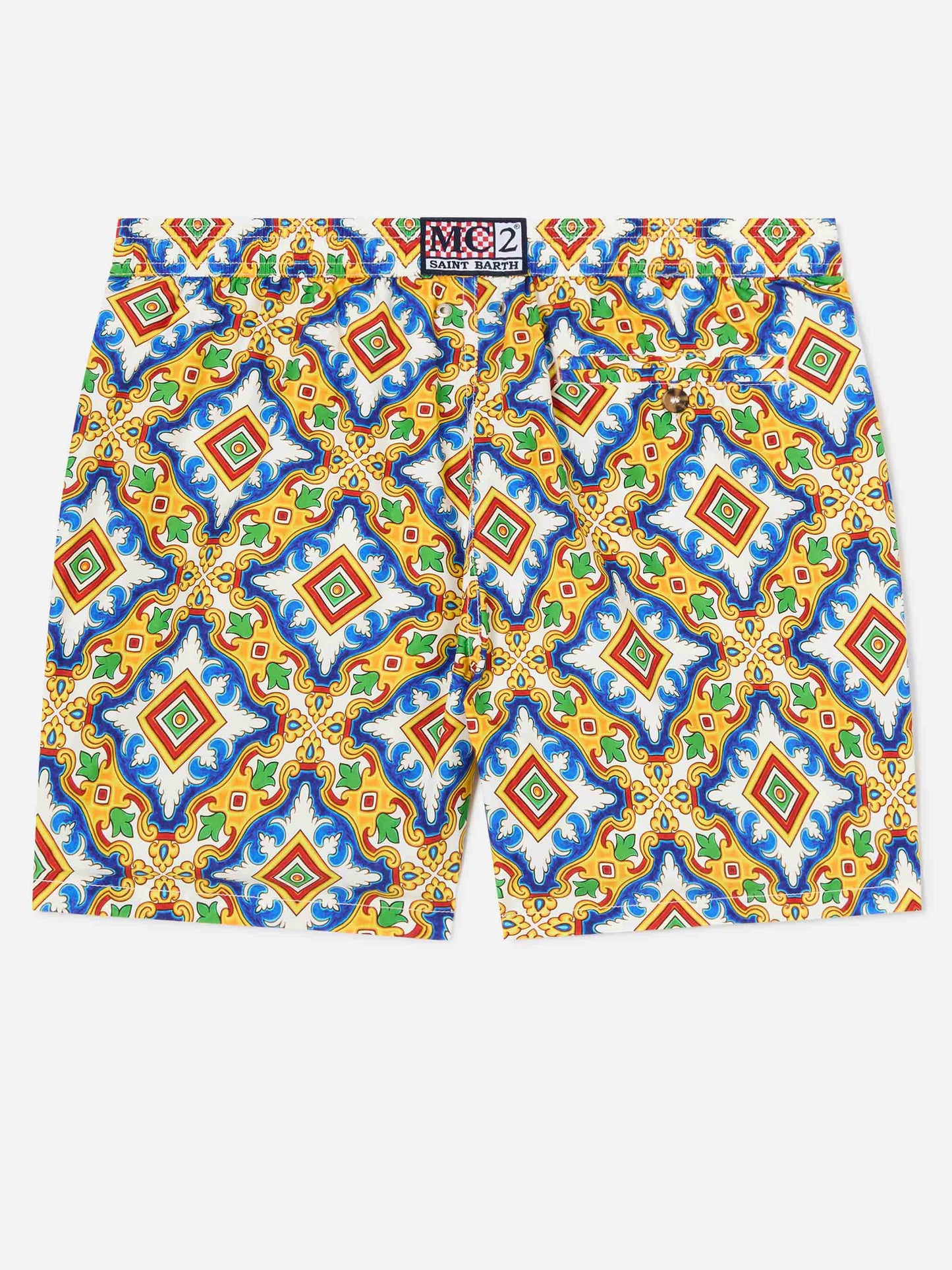 Short de bain en tissu technique blanc Lighting à imprimé majolique multicolore 