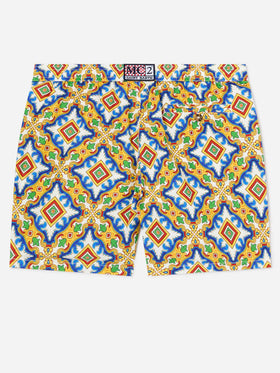 Short de bain en tissu technique blanc Lighting à imprimé majolique multicolore 