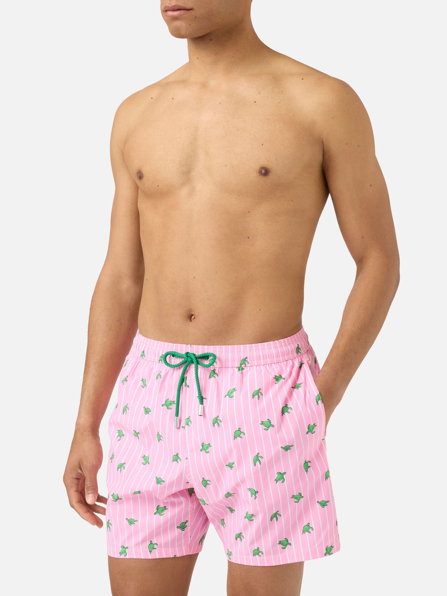 Pink striped Lighting Micro swim shorts with all-over turtle print