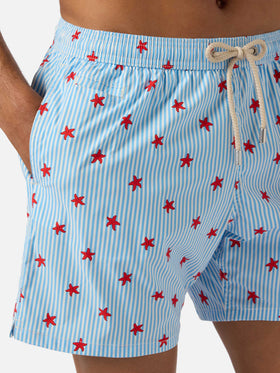 Bañador corto Light blue Lighting Micro Stretch con estampado integral Starfish Stripes 